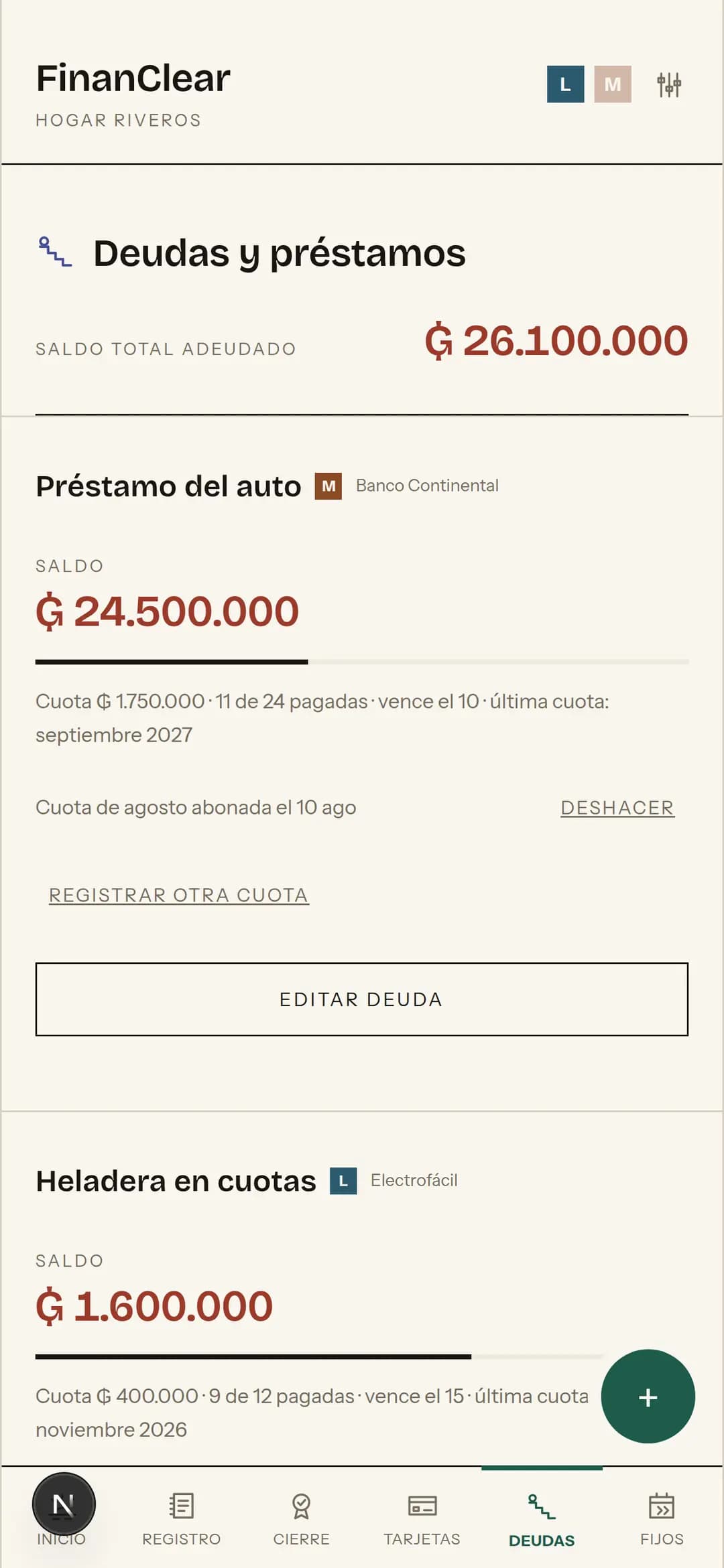 La pantalla de Deudas: el saldo de cada préstamo y las cuotas que faltan.