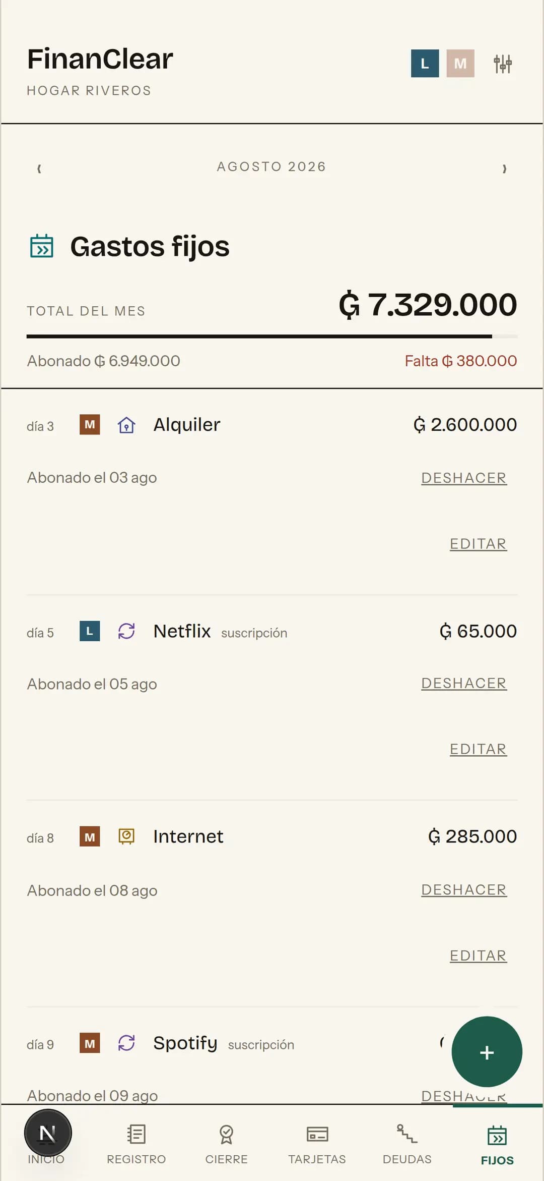 La pantalla de Fijos: los gastos que vuelven todos los meses, con su día y su monto.