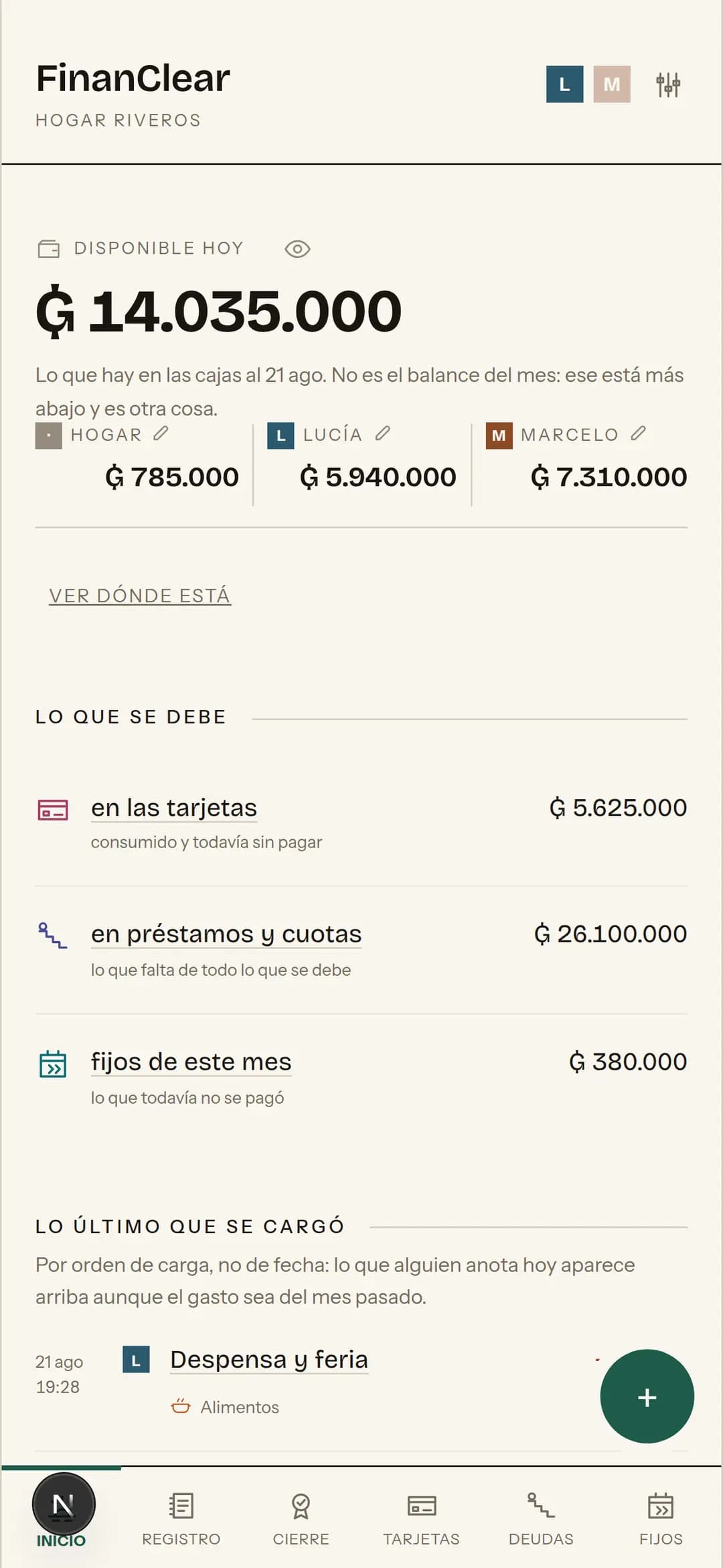 La pantalla de Inicio: el disponible de hoy, lo que hay en cada caja y lo que se debe.