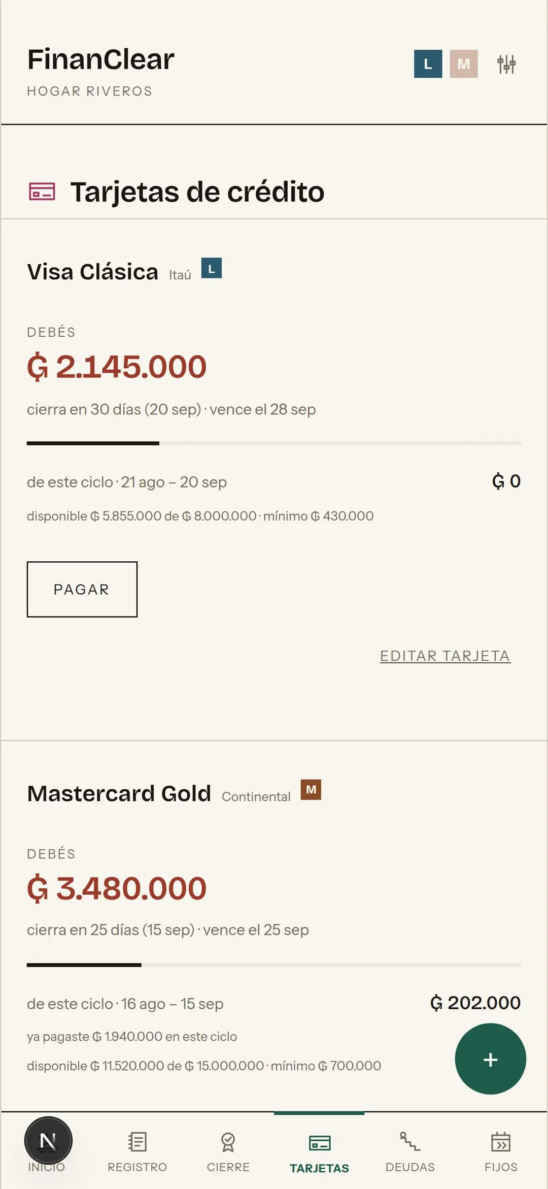 La pantalla de Tarjetas: lo que se debe en cada tarjeta, cuándo cierra y cuánto queda disponible.